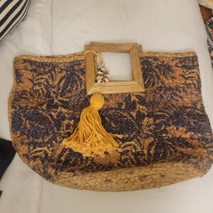 Stylish Tan and Blue Woven Tote Bag